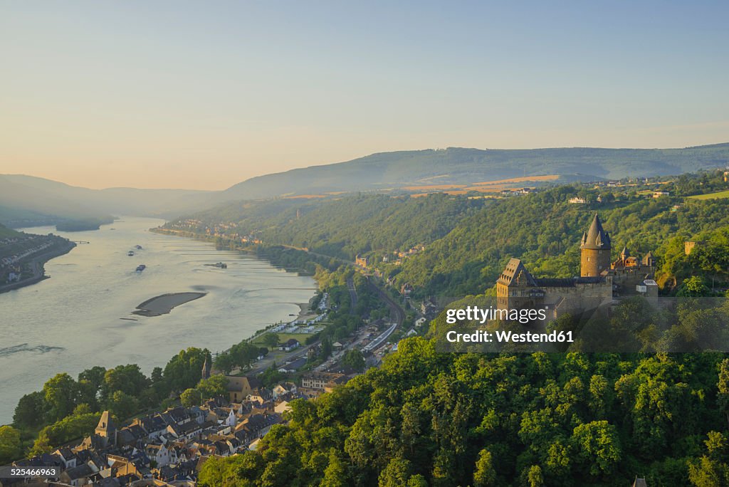 Germany, Rhineland Palatinate, Bacharach, Stahleck Castle, Upper Middle Rhine Valley in the evening