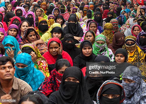 Garment workers from Landcraft Garments attend a demonstration protest for their due salary and wages in front of National Press Club in Dhaka.