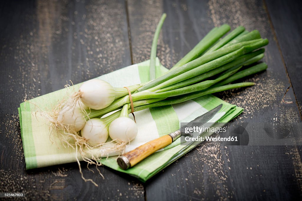 Bunch of spring onions and knife on clothes and dark wood