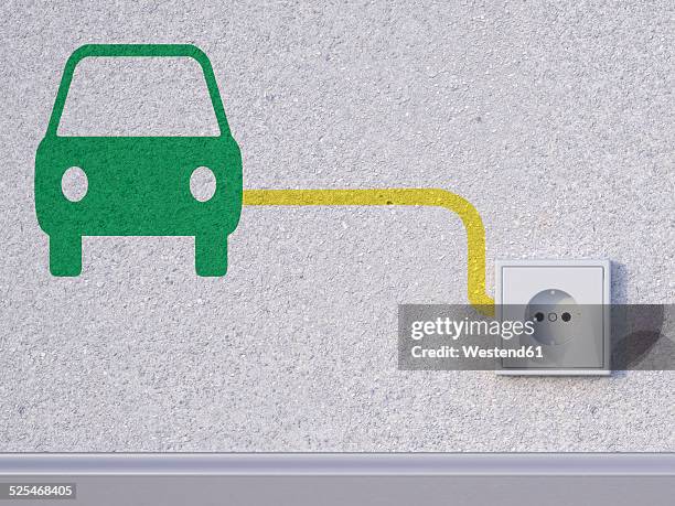 ilustraciones, imágenes clip art, dibujos animados e iconos de stock de 3d rendering, car symbol next to socket in wall - red car wire