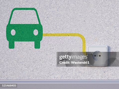 3D Rendering, car symbol next to socket in wall 3D Rendering, car symbol next to socket in wall