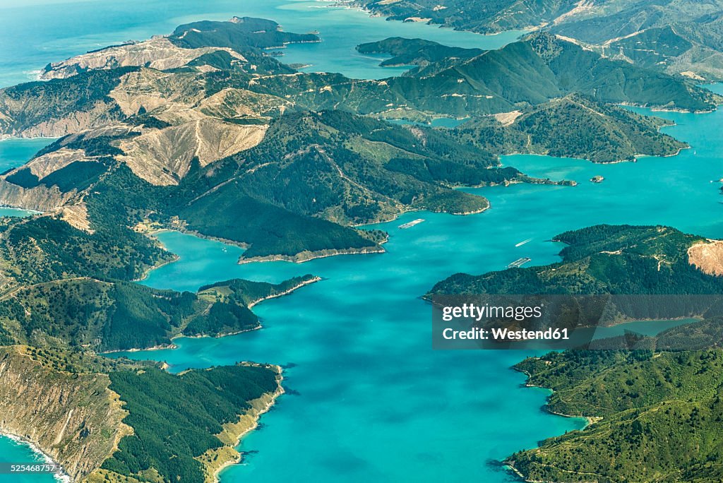 New Zealand, South Island, Marlborough Sounds, aerial photograph of the fjords near Queen Charlotte Sound