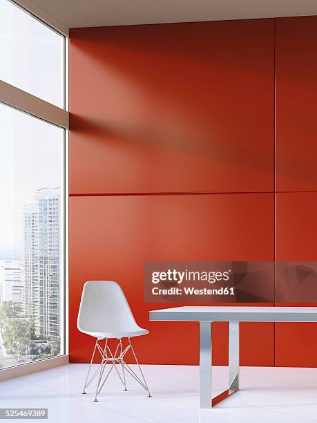 design furniture on white floor tiles in front of red wall, 3d rendering - ergonomics stock illustrations