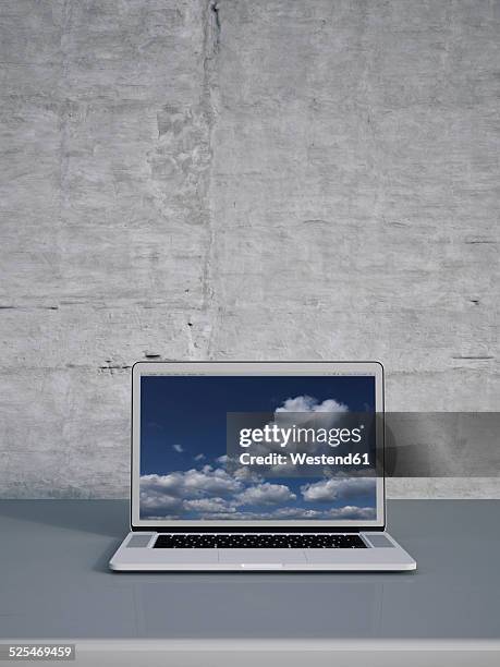 3d rendering, laptop at concrete wall - büro und wolke stock-grafiken, -clipart, -cartoons und -symbole