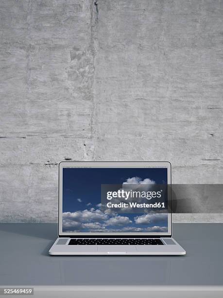 3d rendering, laptop at concrete wall - computer desk stock illustrations