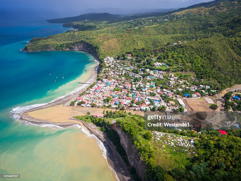 Caribbean, Antilles, Lesser Antilles, Saint Lucia, Aerial photo of village Canaries