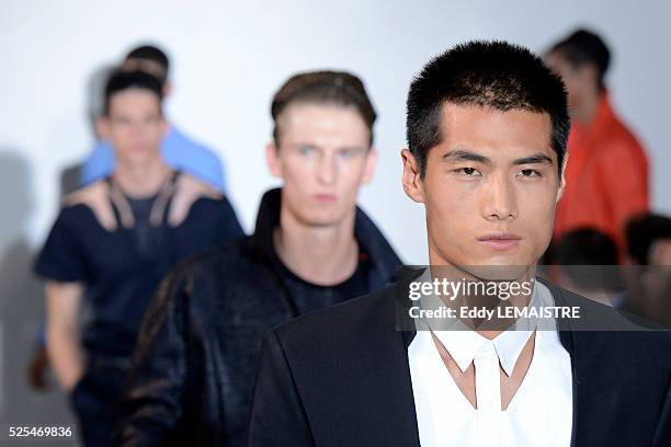 Model presents a creation from the Spring/Summer 2012/2013 Men's collection of Mugler at the Paris Fashion Week, in Paris, France, 27 June 2012. The...