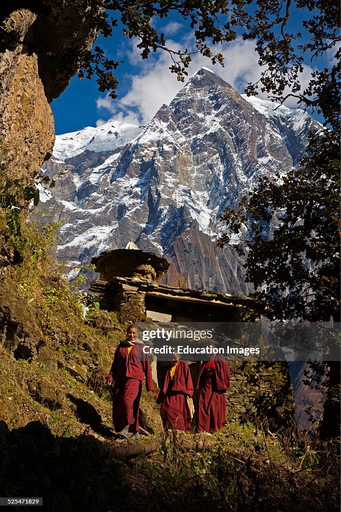 Buddhist Nuns Walks Through A Chorten Gateway, Nepal