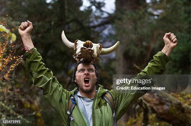 Man With A Yak Skull On The Around Manaslu Trek, Nupri Region, Nepal .