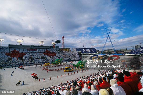 Thousands of people gather to watch the opening ceremonies of the Winter Olympics circa Febuary, 1988 in Calgary, Canada.