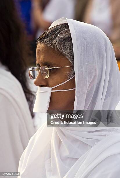 Jain Nun Attends A Prayer For World Peace Sponsored By The14Th Dalai Lama Of Tibet At The Raj Ghat, Ghandis Eternal Flame, In April Of 2008, New...