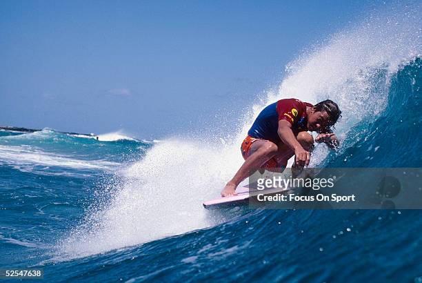 Surfer Danny Kim rides a wave at Sandy Beach circa 1986 in Oahu, Hawaii.