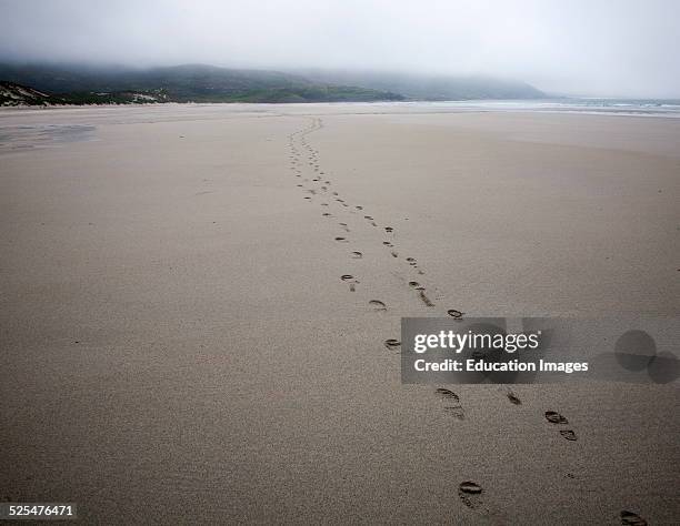 Foot step prints in wet sand on a cloudy overcast day at Traigh Eais beach, Barra, Outer Hebrides, Scotland.