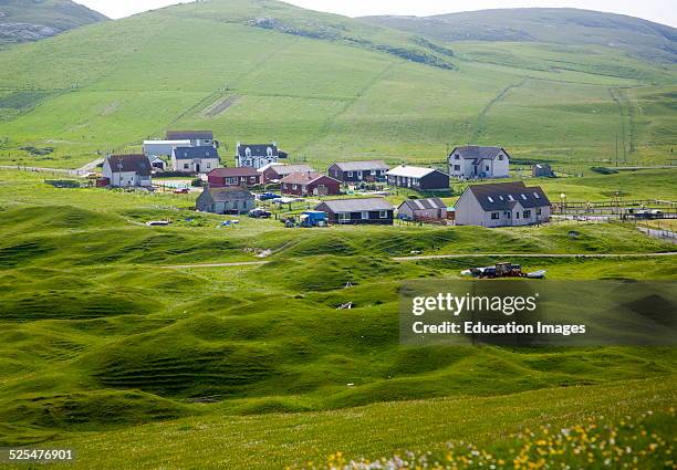 Houses in the crofting settlement village of Bhatarsaigh, Vatersay, Barra, Scotland.