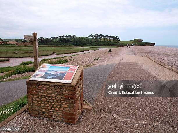Information sign on the Jurassic coast at Lime Kiln car park end of Budleigh Salterton, Devon, UK.