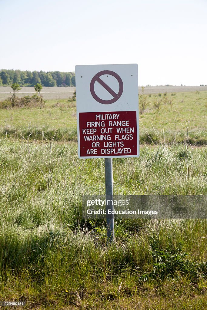 Ministry of Defense warning sign about the danger posed by military firing range on Salisbury Plain