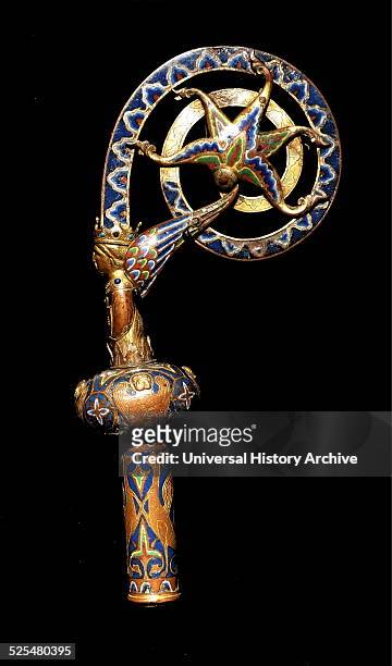 Bishops staff or Crozier in gilded and enamel metalwork 13th Century, French from Limoges.