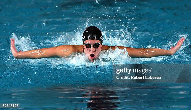 Kristen Caverly swims during the Women's 200 Meter Individual Medley Preliminaries during the USA Swimming 2005 World Championship Trials on April 1,...