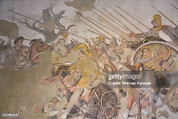 Mosaic from the House of the Faun, depicting the Battle of Issus . Alexander the Great can be seen at the left of the scene on his horse Bucephalos...