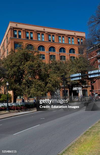 Dallas Texas famous Kennedy assassination in November 1963 spot at Book Depository from street where X marks spot of President Kennedy limo when shot...