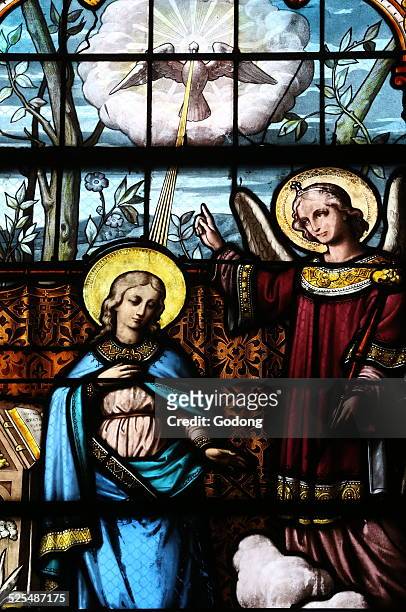 Saint-Ayoul church, Stained glass window, Depiction of the annunciation to the blessed Virgin Mary by the archangel Gabriel i,e, that the Virgin Mary...
