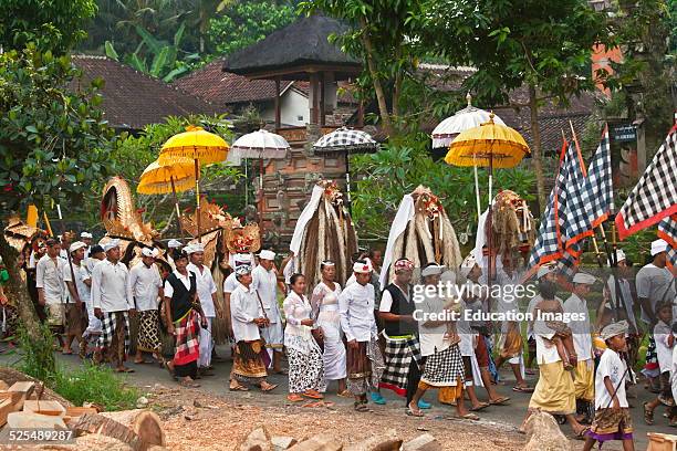 Barong Costume And Lion Masks Used In Traditional Legong Dancing Are Carried During A Hindu Procession For A Temple Anniversary, Ubud, Bali.