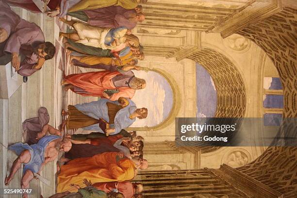 The School of Athens, Detail of a mural by Raphael painted for Pope Julius IIIn the center Plato discourses with Aristotle Raphael, Room of the...