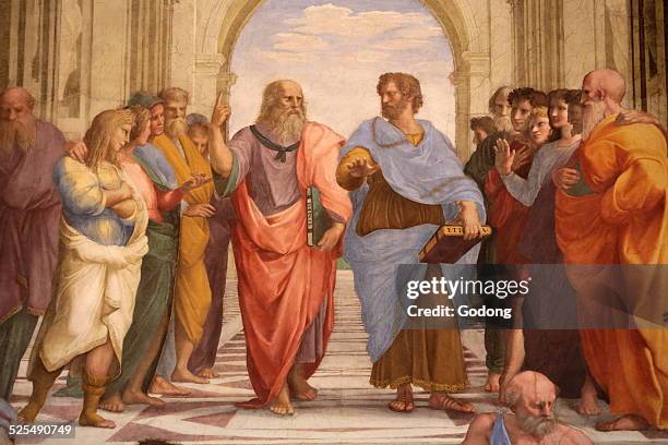 The School of Athens, Detail of a mural by Raphael painted for Pope Julius IIIn the center Plato discourses with Aristotle Raphael, Room of the...