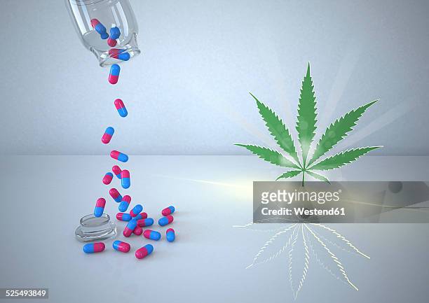 ilustrações de stock, clip art, desenhos animados e ícones de pills and cannabis leaf, illustration - narcotic