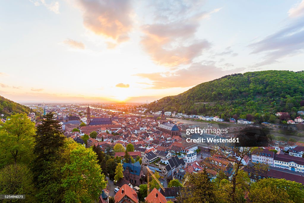 Germany, Baden-Wuerttemberg, Heidelberg, View to Old town and Old bridge against the evening sun