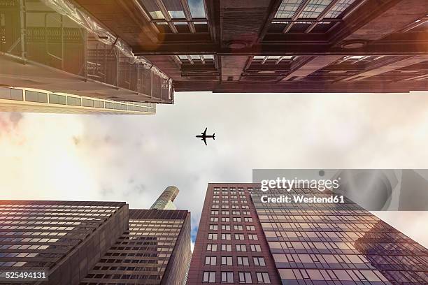 germany, hesse, frankfurt, old and new high-rise buildings, aeroplane - aircraft skyscrapers stockfoto's en -beelden