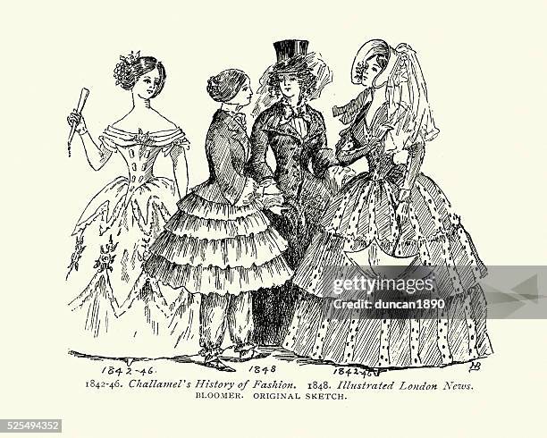 victorian womens fashion from the mid 19th century - victorian gown stock illustrations