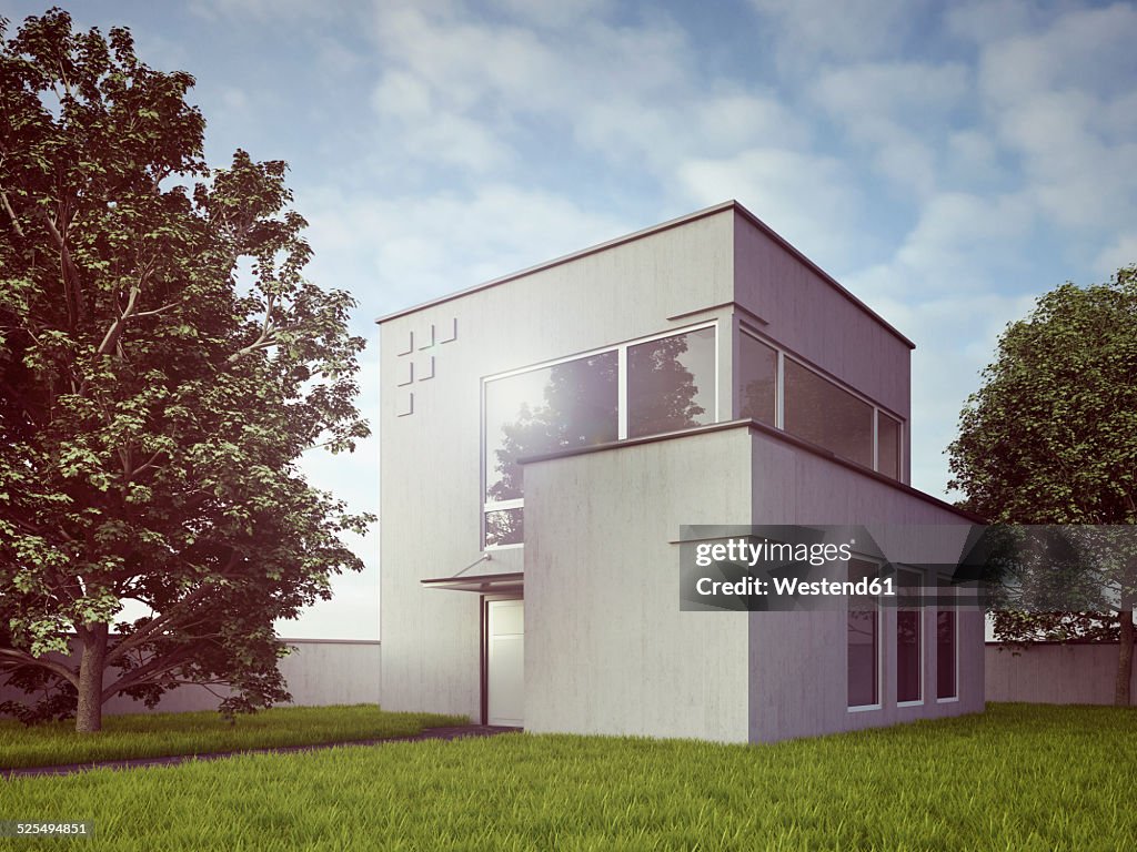 View to modern detached one-family house, 3D Rendering