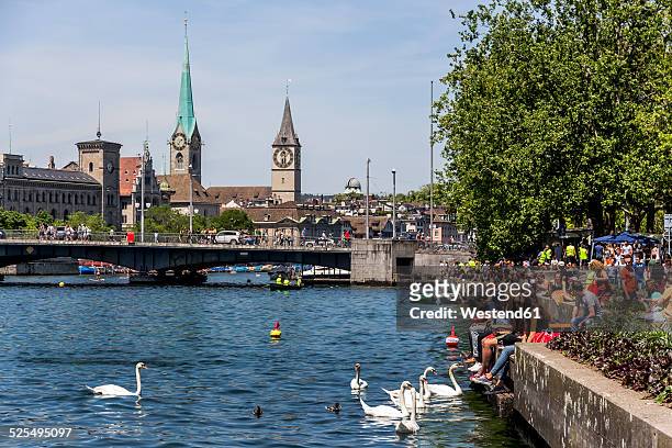 switzerland, zurich, view to limmat river and lake zurich - lake zurich switzerland stock pictures, royalty-free photos & images