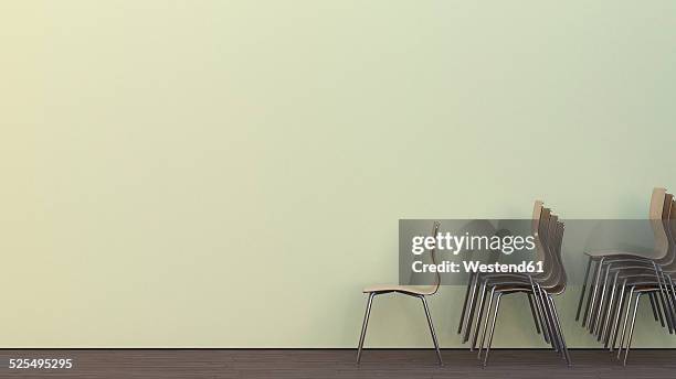 stockillustraties, clipart, cartoons en iconen met three stacks of chairs on oak wooden floor in front of a wall, 3d rendering - office chair