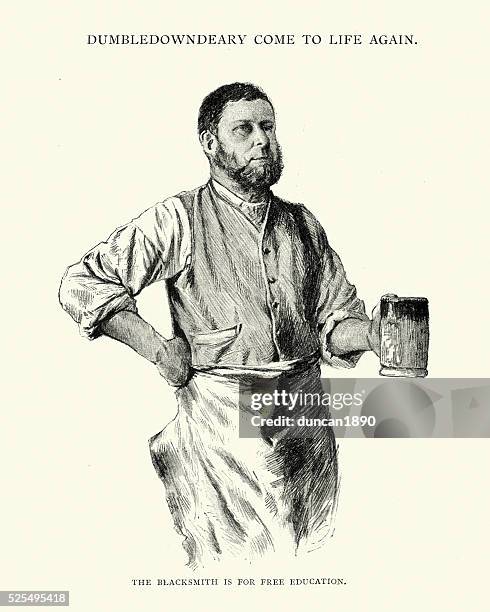 stockillustraties, clipart, cartoons en iconen met victorian blacksmith drinking beer from a tankard - happy hour vintage