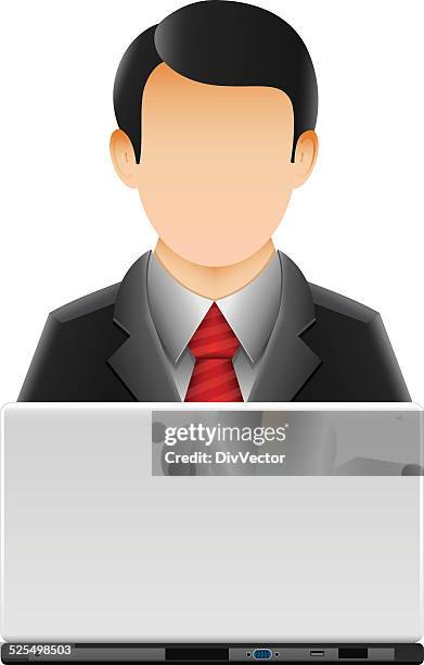 customer representative with laptop - man using laptop screen stock illustrations