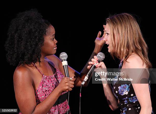 Trista Dollison and Jill Shackter Stand Tall performing at the New York Musical Theatre Festival at the NYMF Hub in Times Square, New York on...