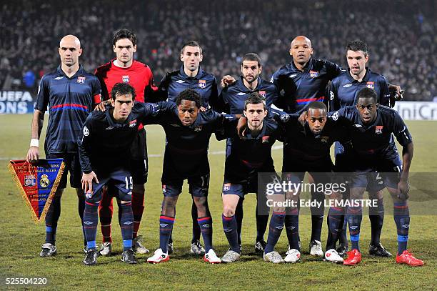 Lyon team before their First Knockout round 1st Leg Champions League soccer match at Gerland Stadium in Lyon, France.