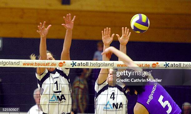 Volleyball / Frauen: 1. Bundesliga 03/04, Hamburg; TV Fischbek - Schweriner SC; Block von Christina BENECKE / TV Fischbek HH, Johanna BARG / TV...
