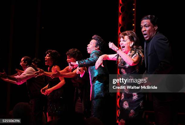 The Shirelles lead singer Shirley Alston Reeves visits Geno Henderson, Beth Leavel, Allan Louis & the 'Baby it's You!' cast during their Curtain Call...