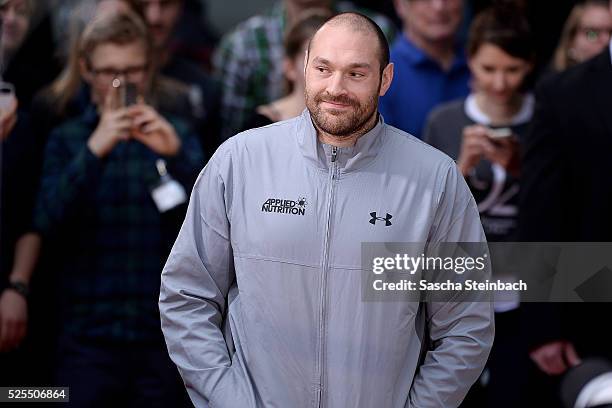 Tyson Fury looks on prior to the Tyson Fury and Wladimir Klitschko head to head press conference on April 28, 2016 in Cologne, Germany. Fury v...