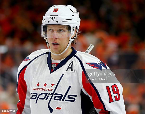 Nicklas Backstrom of the Washington Capitals looks on during a stop in play against the Philadelphia Flyers in Game Three of the Eastern Conference...