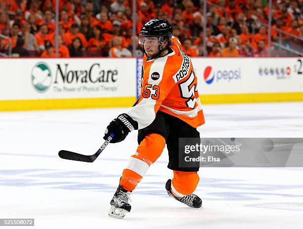 Shayne Gostisbehere of the Philadelphia Flyers takes a shot in the second period against the Washington Capitals in Game Three of the Eastern...
