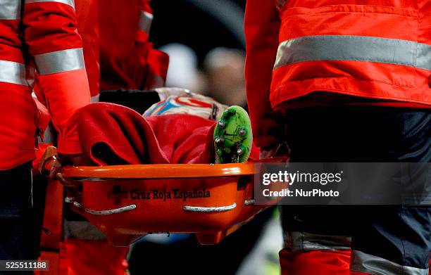 Sevilla FCs Portuguese goalkeeper player Alberto Bastos &quot;Beto&quot; injured during the Spanish League 2014/15 match between Real Madrid and...