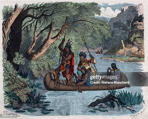 19th-Century Illustration of Native Americans Fishing from a Canoe