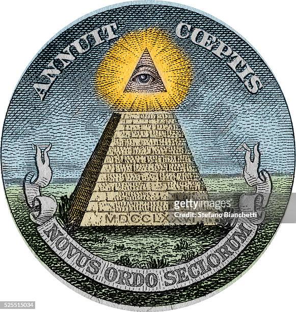 The pyramid and the all-seeing eye, symbols used in the Great Seal of the United States and printed on American paper currency. The pyramid and eye...
