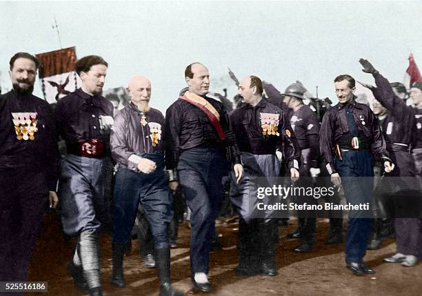 Dictator Benito Mussolini and Fascist Party leaders during the March on Rome which began his dictatorship in Italy. Participating in the march from...