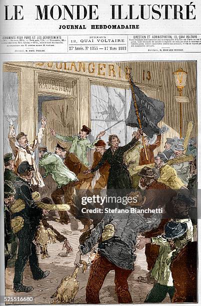 Illustration of an anarchist demonstration in Paris on March 9 in which loaves of bread were looted from several bakeries. Louise Michel holds a...