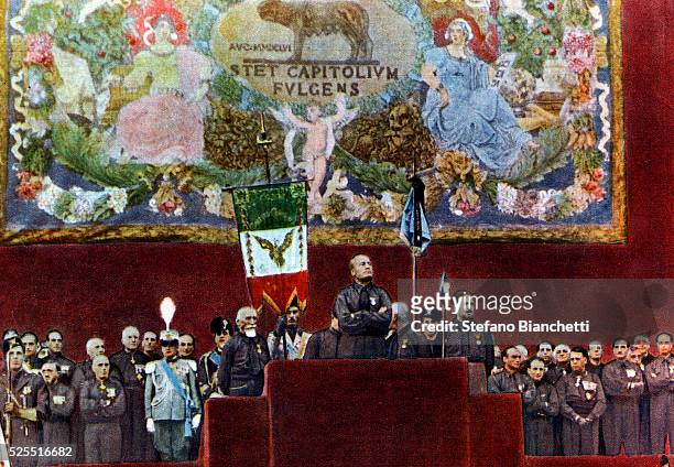 Dictator Benito Mussolini speaking at the Piazza Venezia in Rome during celebrations for the tenth anniversary of the Fascist revolution.